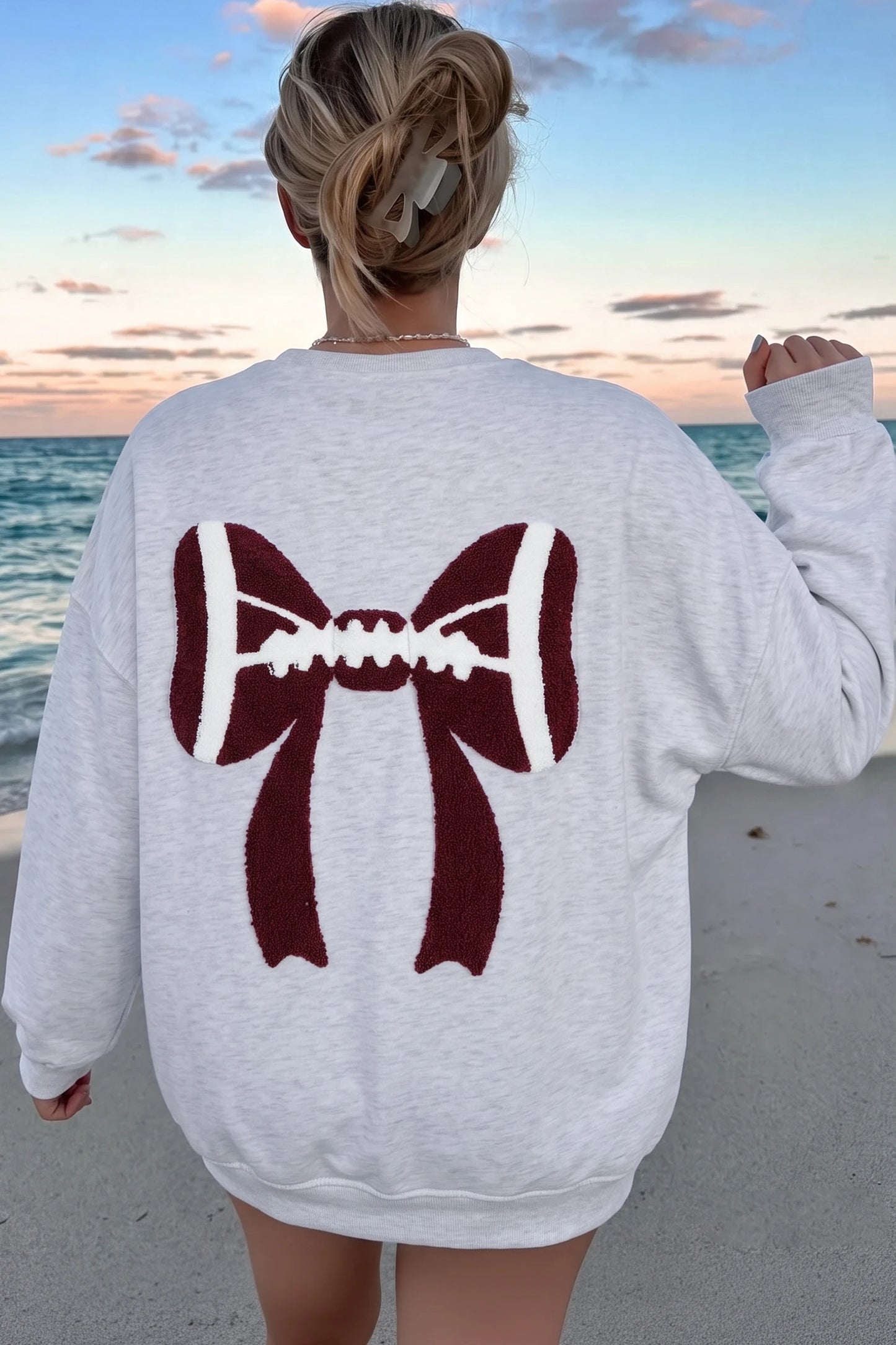 Cobie Chenille Embroidered Rugby Bow Game Day Oversized Sweatshirt