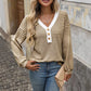 Libby Striped V Neck Waffle Knit Henley Long Sleeve Top