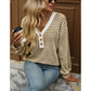 Libby Striped V Neck Waffle Knit Henley Long Sleeve Top