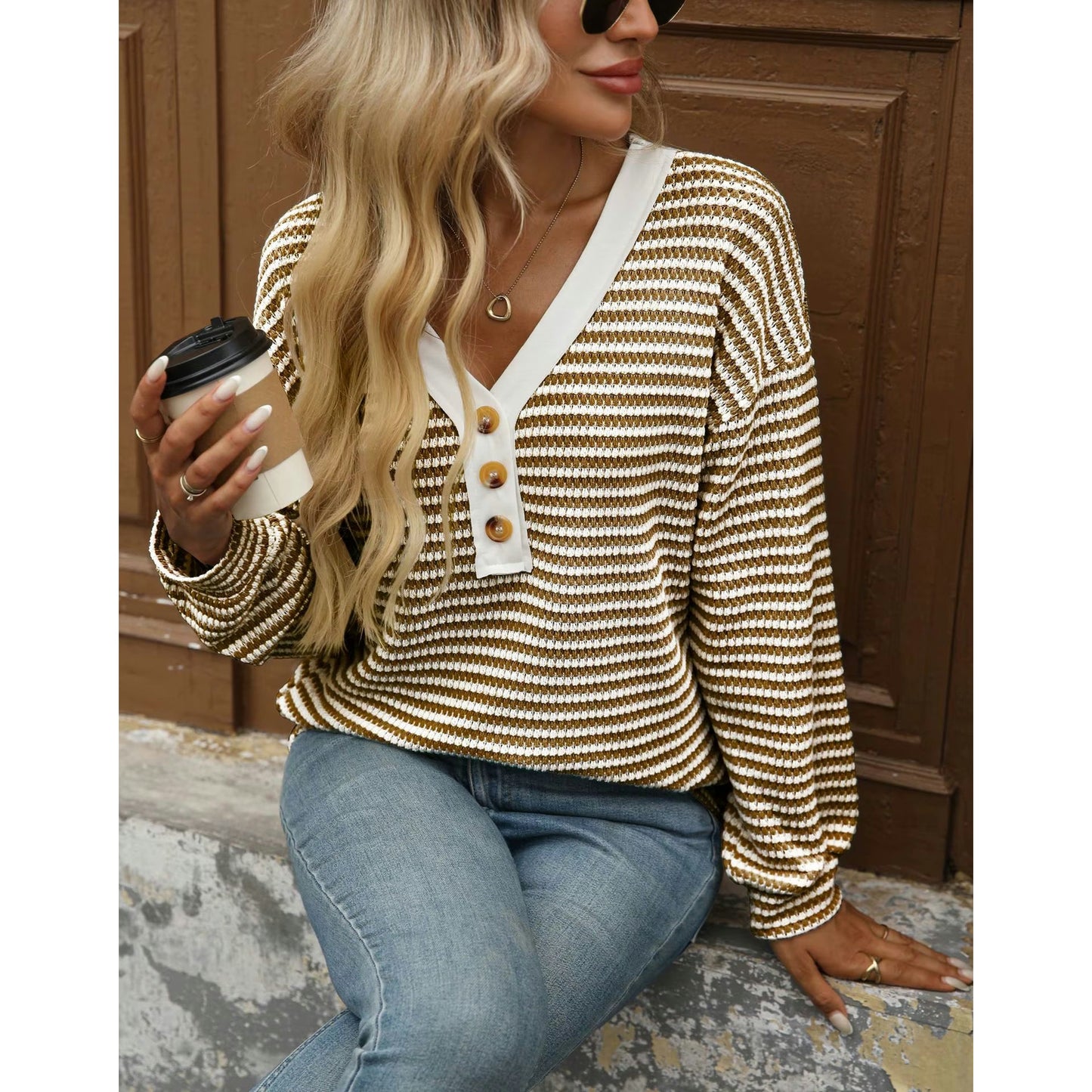 Libby Striped V Neck Waffle Knit Henley Long Sleeve Top