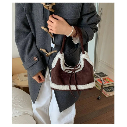 Faux Shearling Shoulder Bag with Bow Detail - 4 Colors