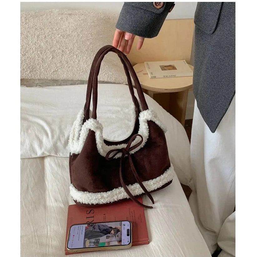 Faux Shearling Shoulder Bag with Bow Detail - 4 Colors