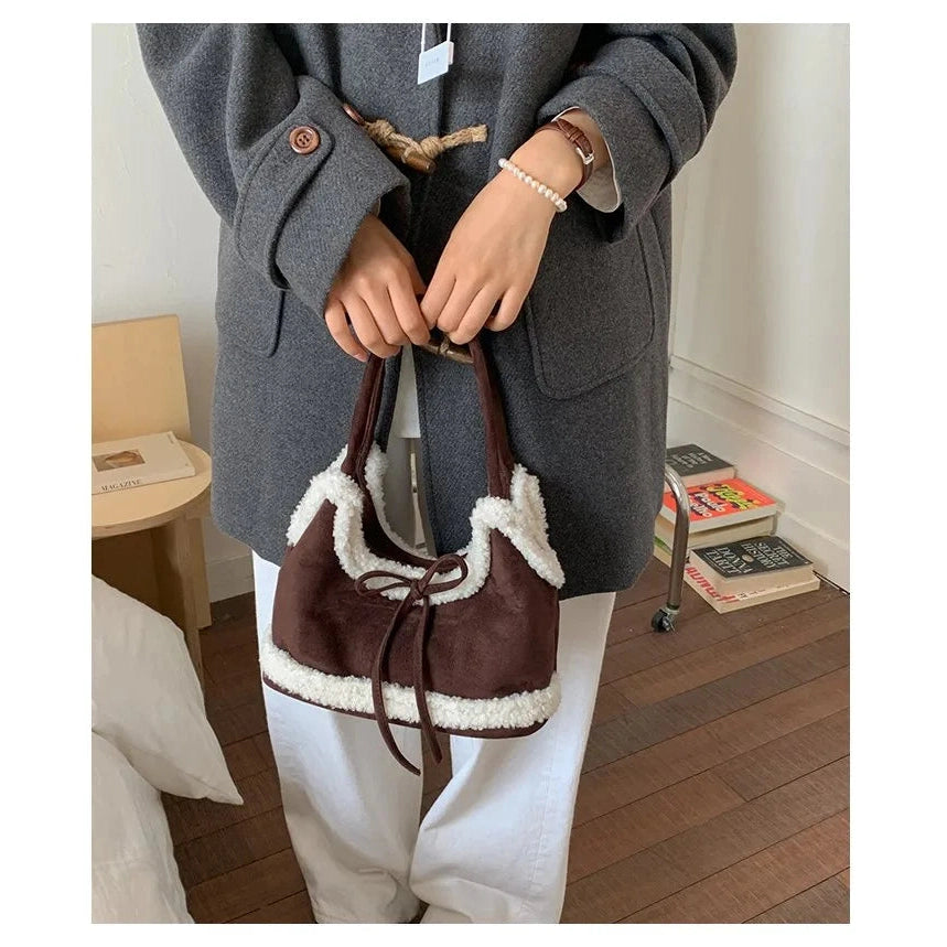 Faux Shearling Shoulder Bag with Bow Detail - 4 Colors