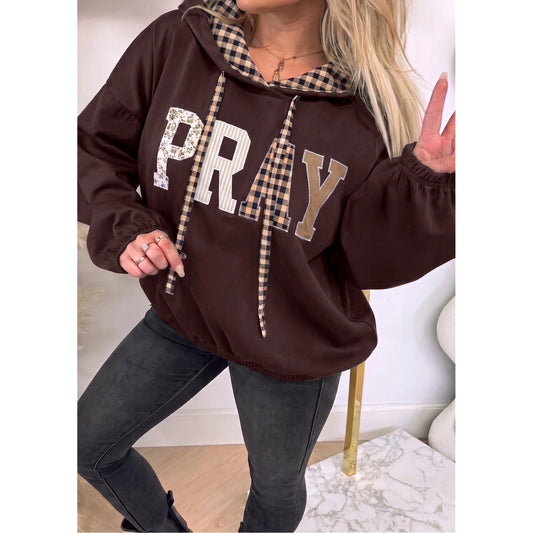 Coffee PRAY Mix Pattern Letter Graphic Plaid Contrast Drawstring Hoodie