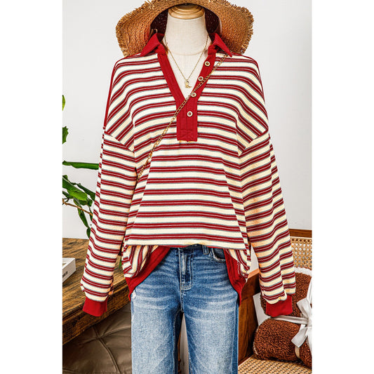 REDUCED!!!  Colina Red Stripe Buttoned V Neck Collared Drop Shoulder Top  REDUCED!!!