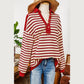 REDUCED!!!  Colina Red Stripe Buttoned V Neck Collared Drop Shoulder Top  REDUCED!!!