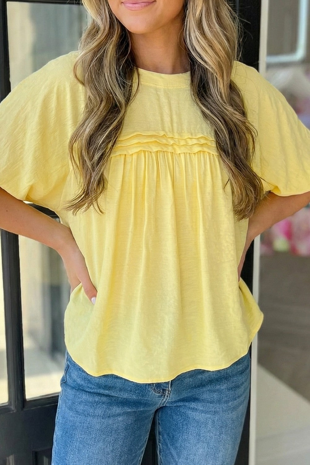 Connie Yellow Cream Tie Half Sleeve Pleated Detail Babydoll Blouse