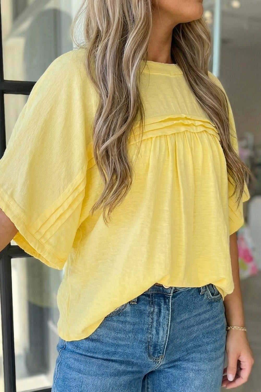 Connie Yellow Cream Tie Half Sleeve Pleated Detail Babydoll Blouse
