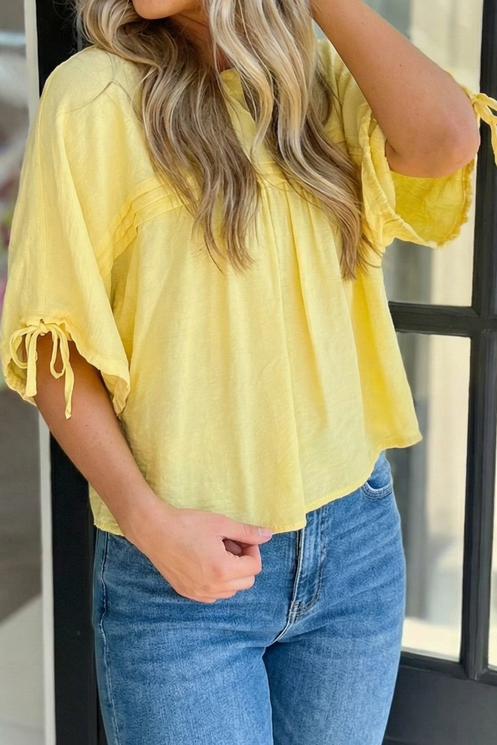 Connie Yellow Cream Tie Half Sleeve Pleated Detail Babydoll Blouse