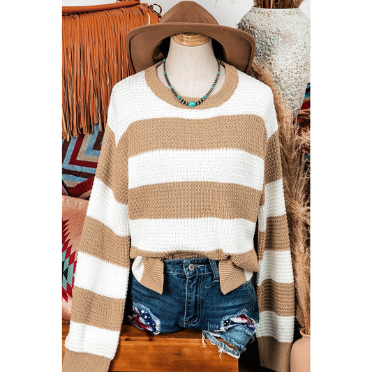 Corah Light French Beige Colorblock Striped Drop Shoulder Side Slit Sweater