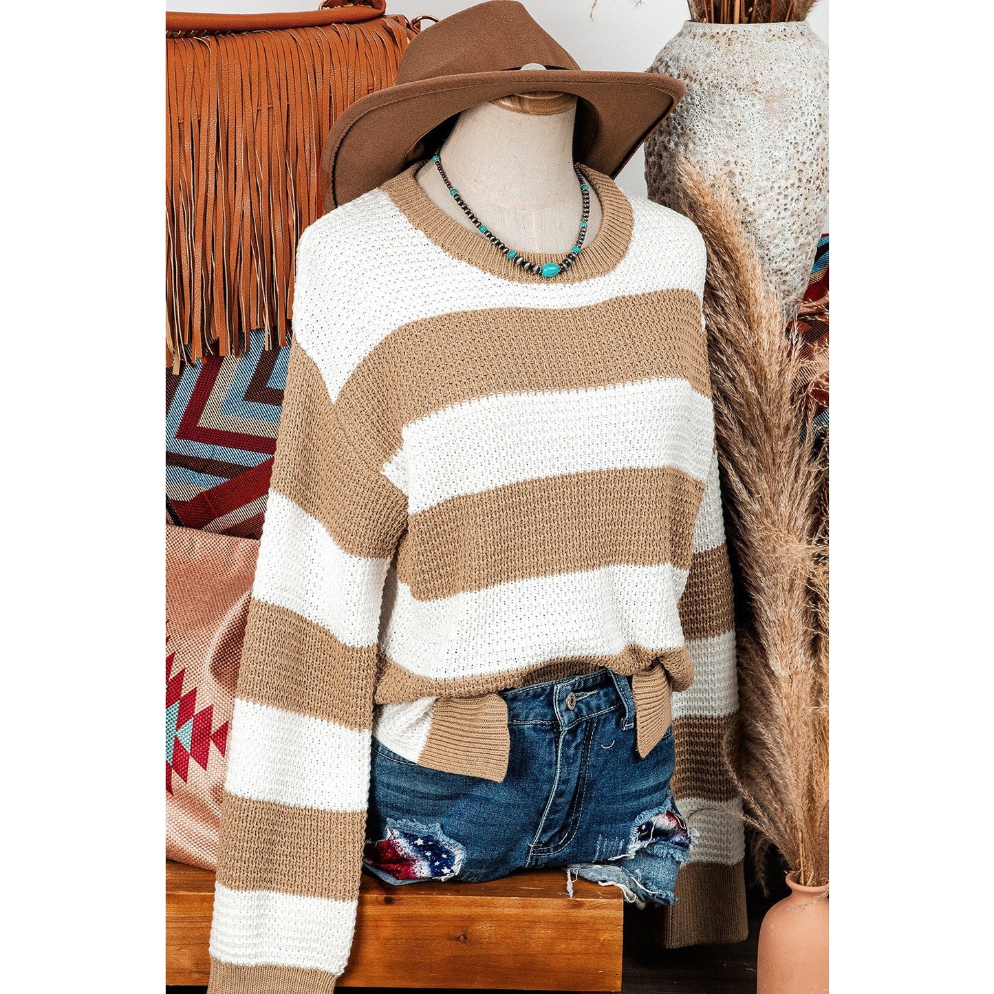 Corah Light French Beige Colorblock Striped Drop Shoulder Side Slit Sweater