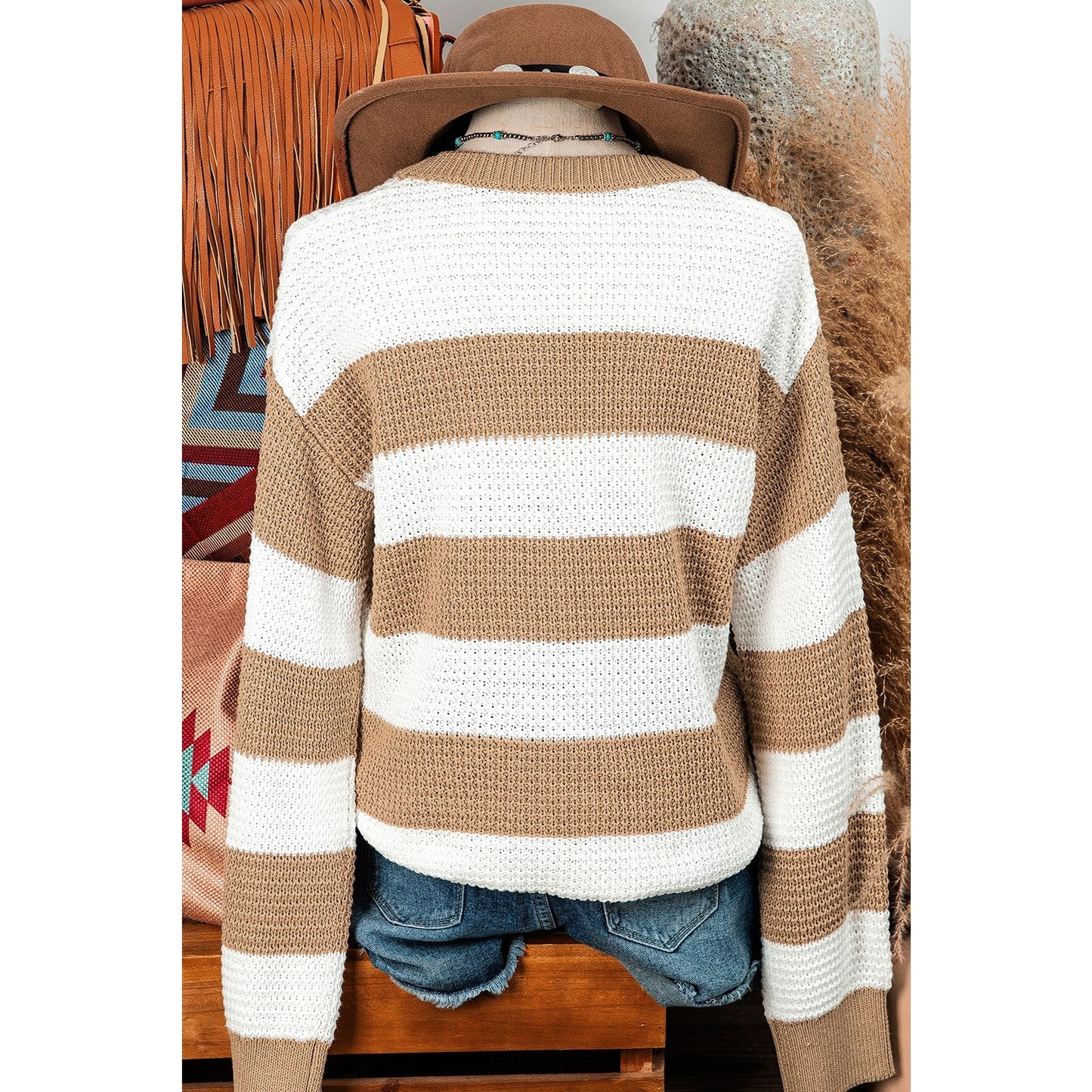 Corah Light French Beige Colorblock Striped Drop Shoulder Side Slit Sweater