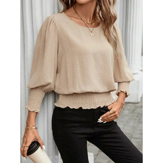 Coralie Apricot Crew Neck Shirred Detail Blouse