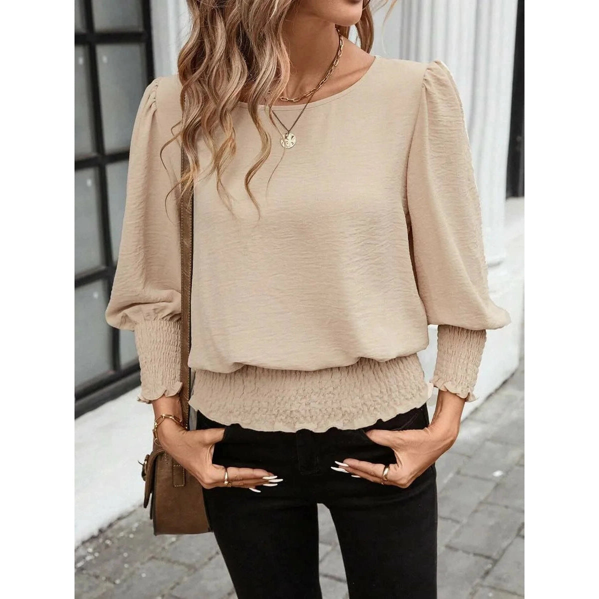 Coralie Apricot Crew Neck Shirred Detail Blouse