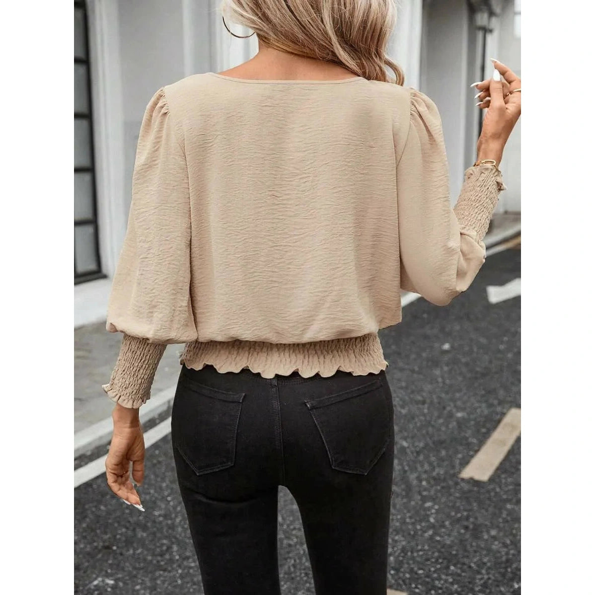 Coralie Apricot Crew Neck Shirred Detail Blouse