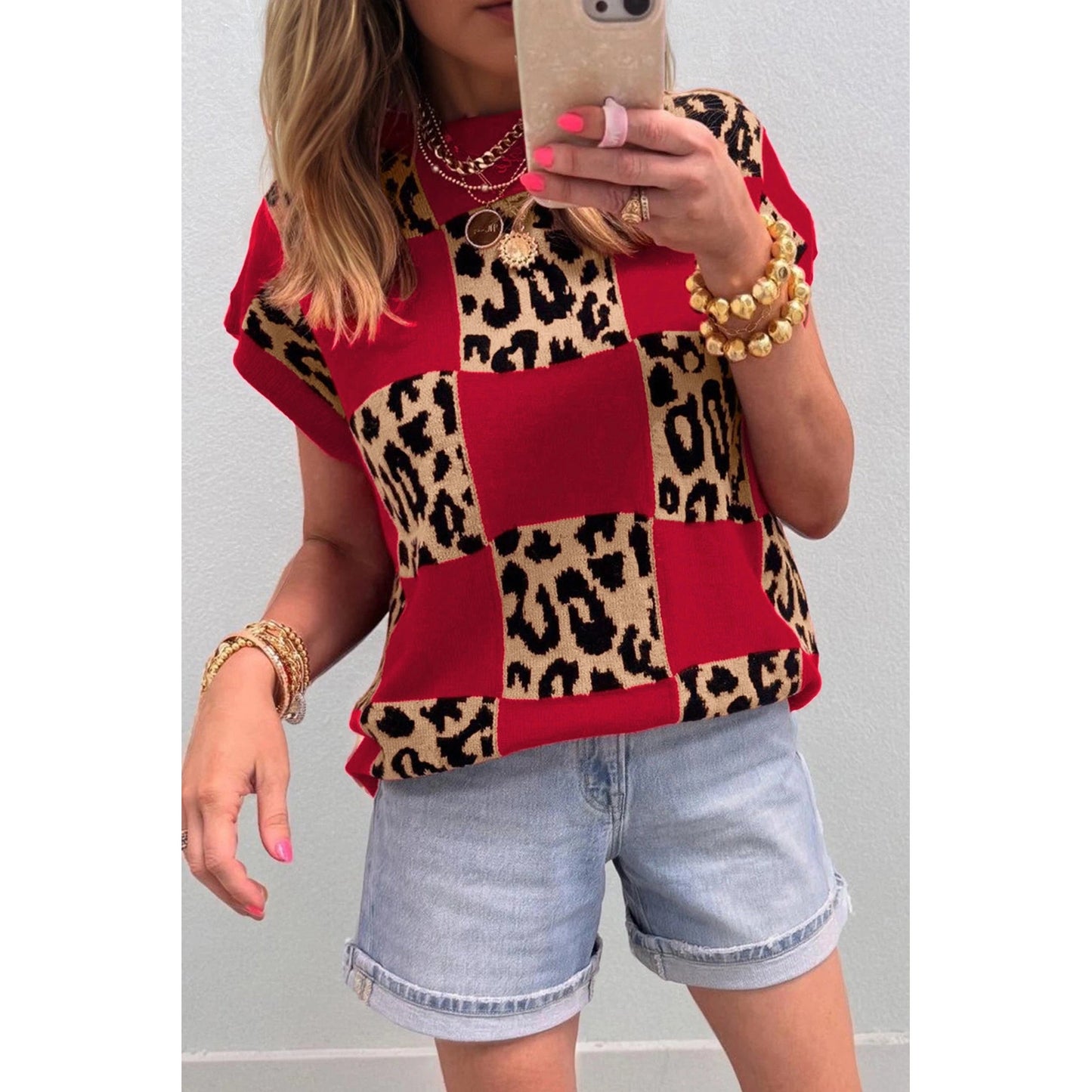 Cordelia Red Leopard Checkerboard Short Sleeve Knit Sweater