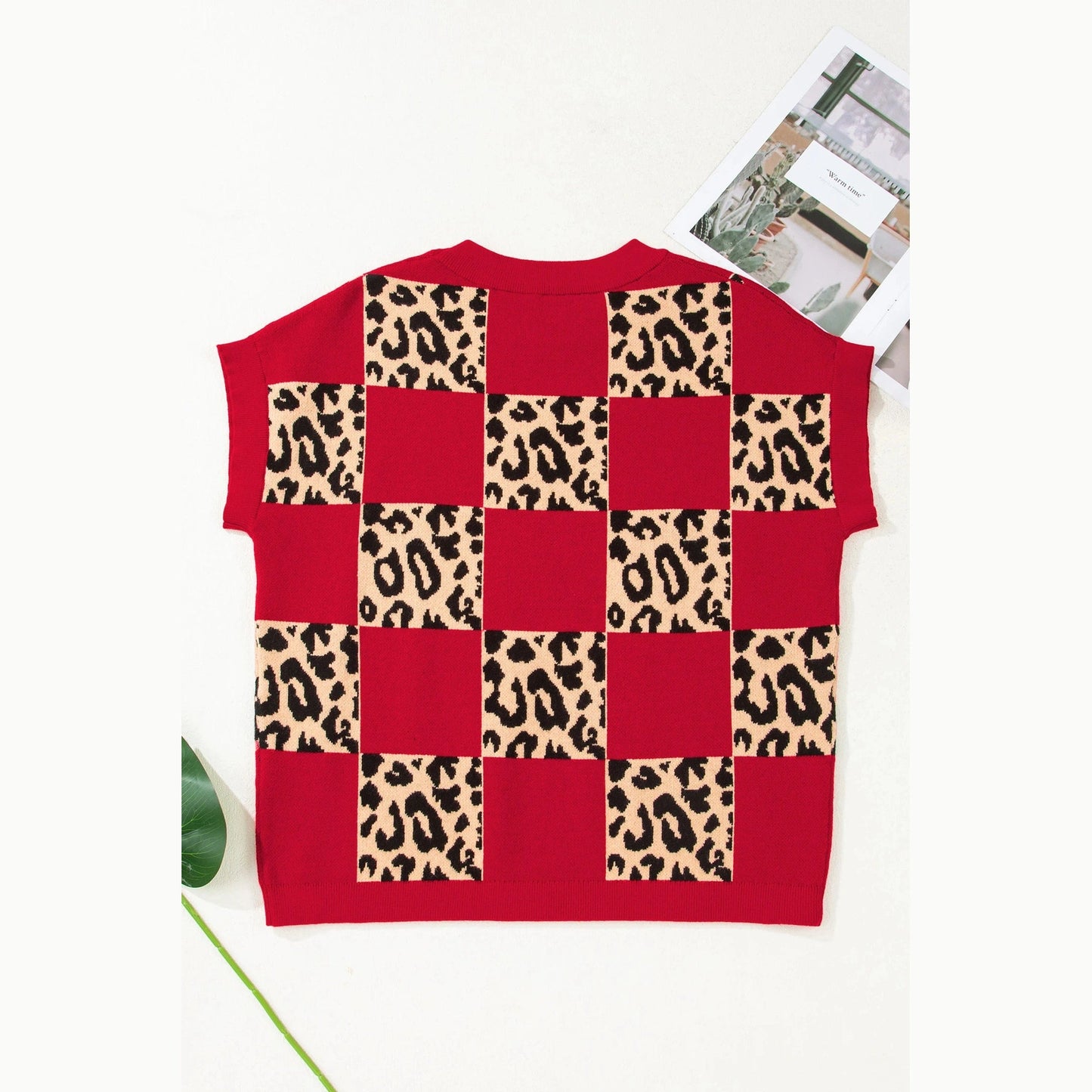 Cordelia Red Leopard Checkerboard Short Sleeve Knit Sweater