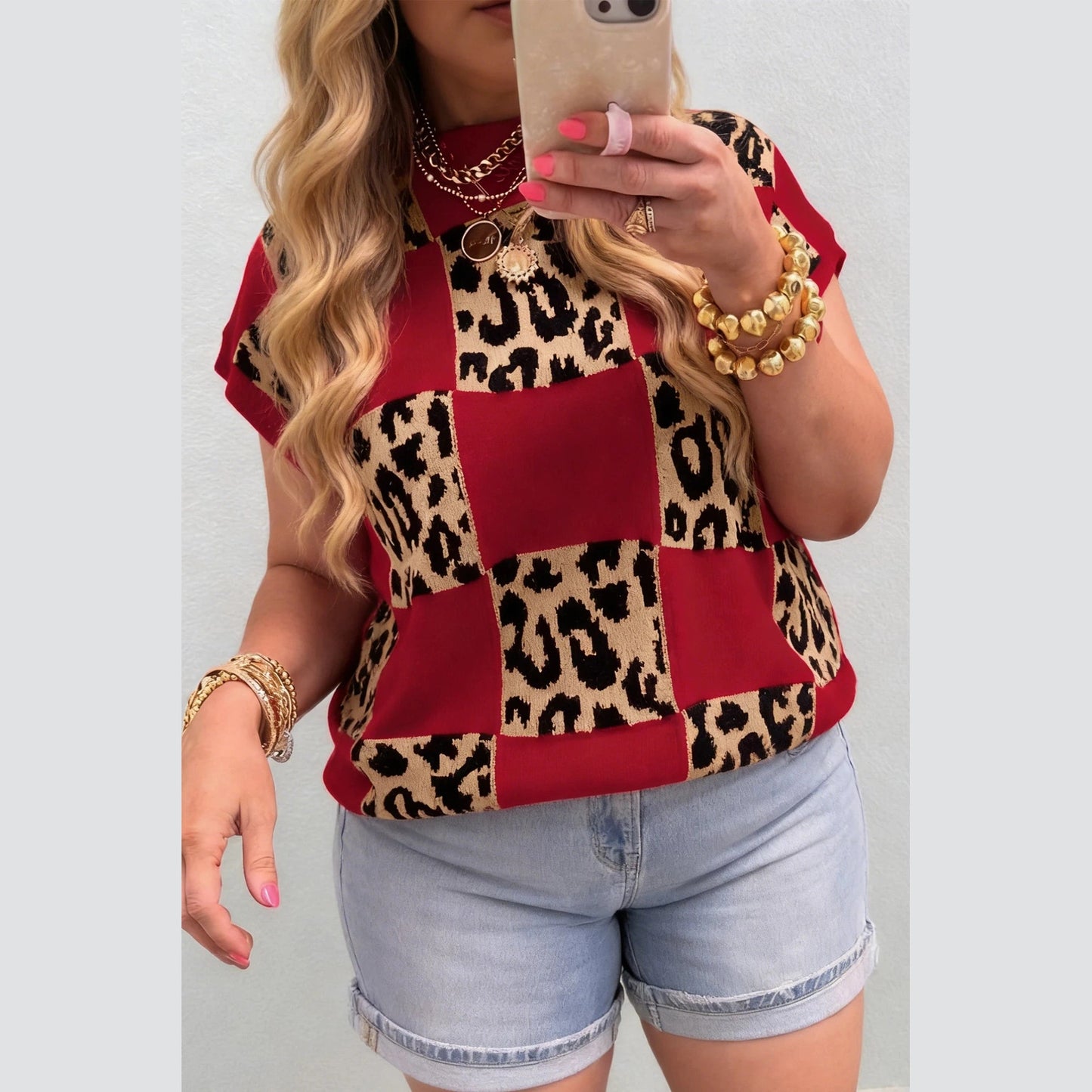 Cordelia Red Plus Size Leopard Contrasted Checkered Short Sleeve Sweater