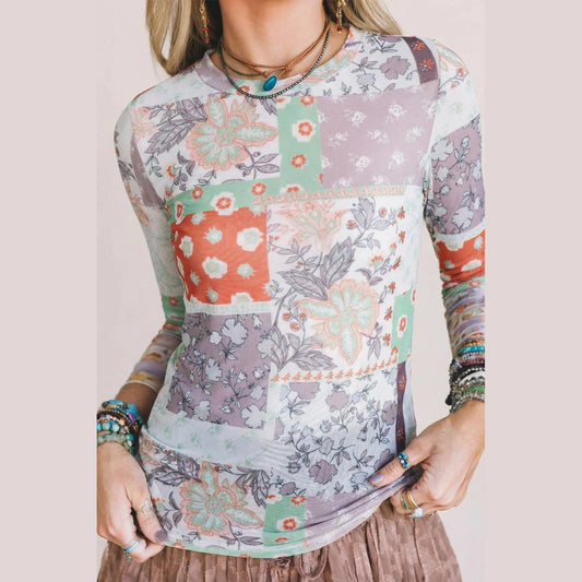 Corinna Mixed Floral Print Patchwork Mock Neck Mesh Top