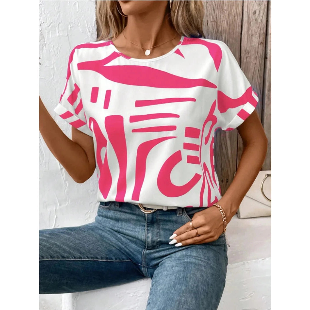 Corliss Pink Contrast Round Neck Short Sleeve Blouse