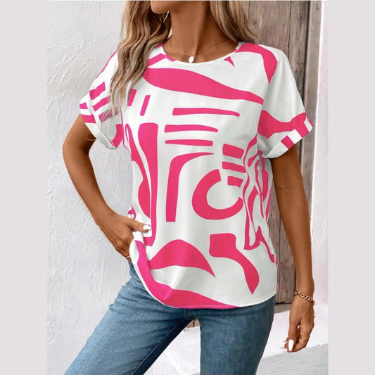 Corliss Pink Contrast Round Neck Short Sleeve Blouse