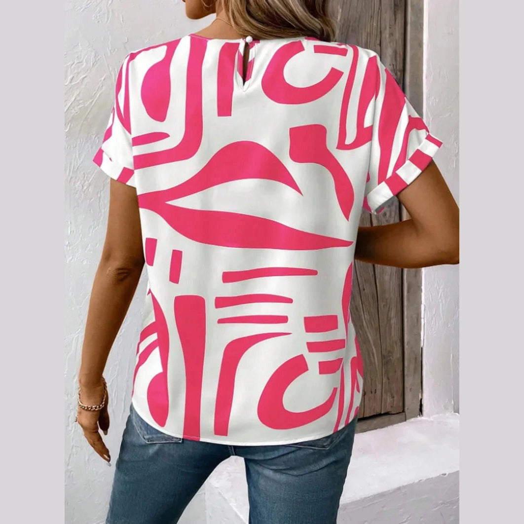 Corliss Pink Contrast Round Neck Short Sleeve Blouse