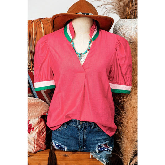 Cornelia Pink Colorful Trim V Neck Short Sleeve Blouse