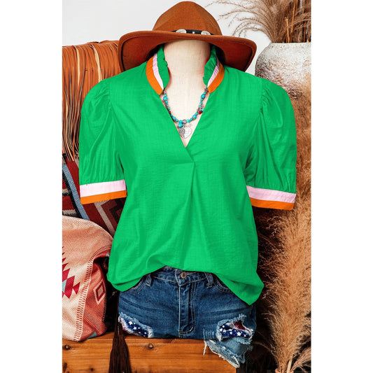 Cornelia Bright Green Colorful Trim V Neck Short Sleeve Blouse