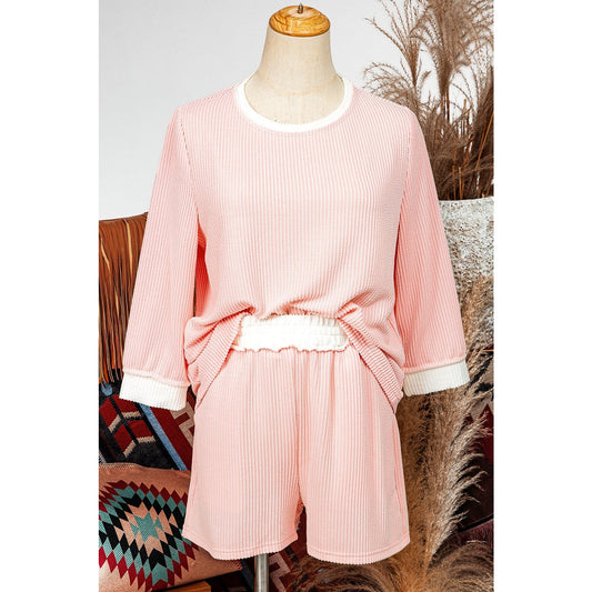 Corrin Pink Corded Colorblock Long Sleeve Top and Shorts Set