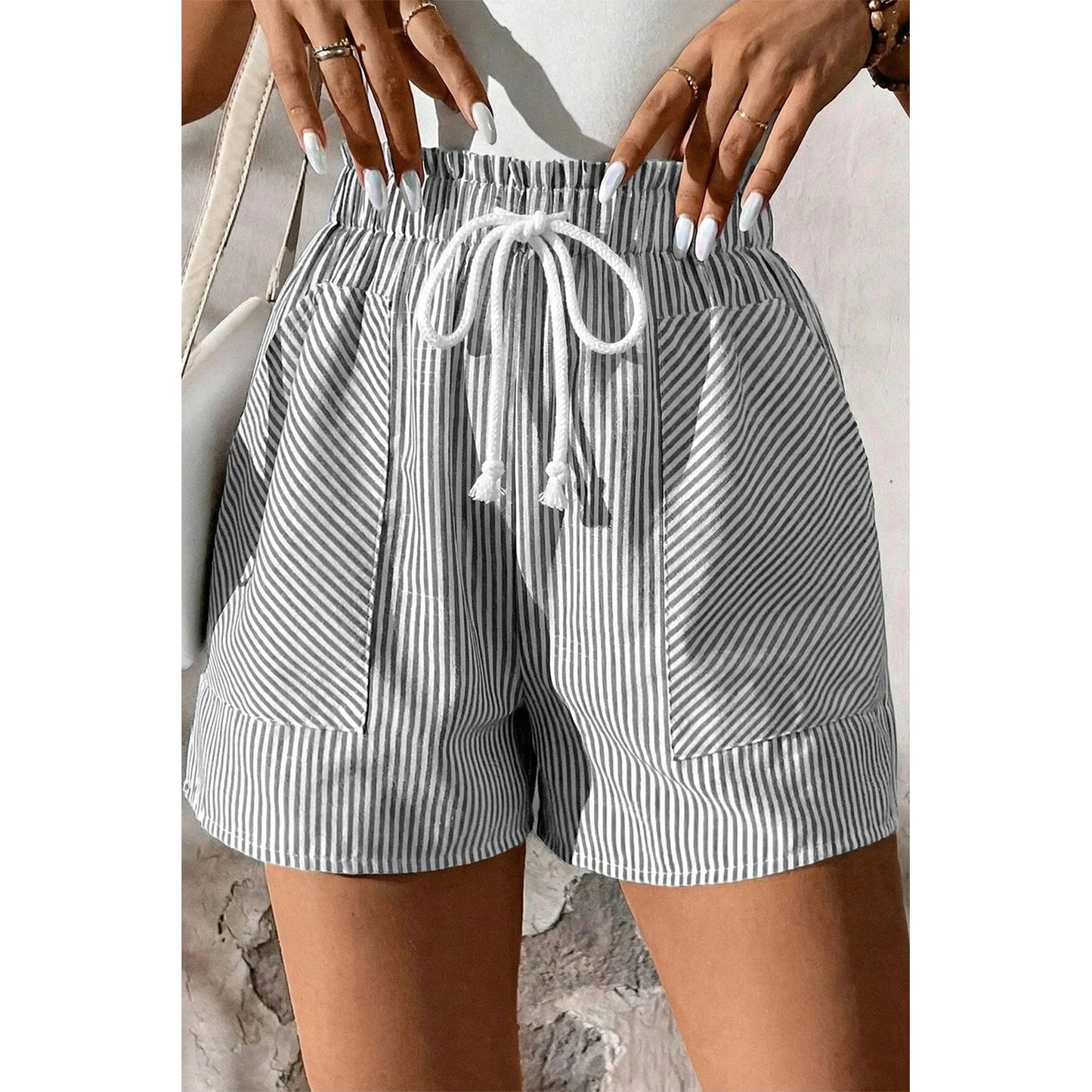 Corrine Grey Stripe Lace-up Elastic Waist Casual Pocketed Shorts
