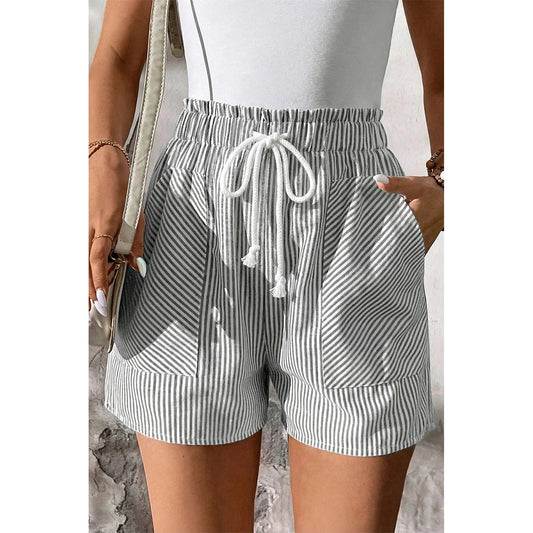 Corrine Grey Stripe Lace-up Elastic Waist Casual Pocketed Shorts