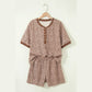 Courtlyn Brown Leopard Print Ribbed Patchwork Half Button Loose Tee Elastic Waist Short 2pcs Set