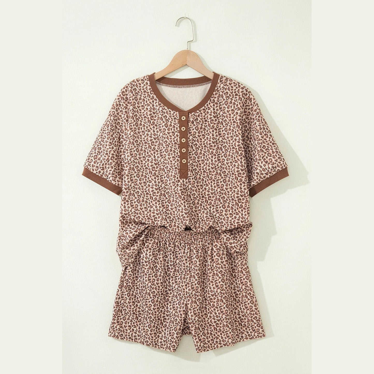 Courtlyn Brown Leopard Print Ribbed Patchwork Half Button Loose Tee Elastic Waist Short 2pcs Set