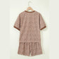 Courtlyn Brown Leopard Print Ribbed Patchwork Half Button Loose Tee Elastic Waist Short 2pcs Set