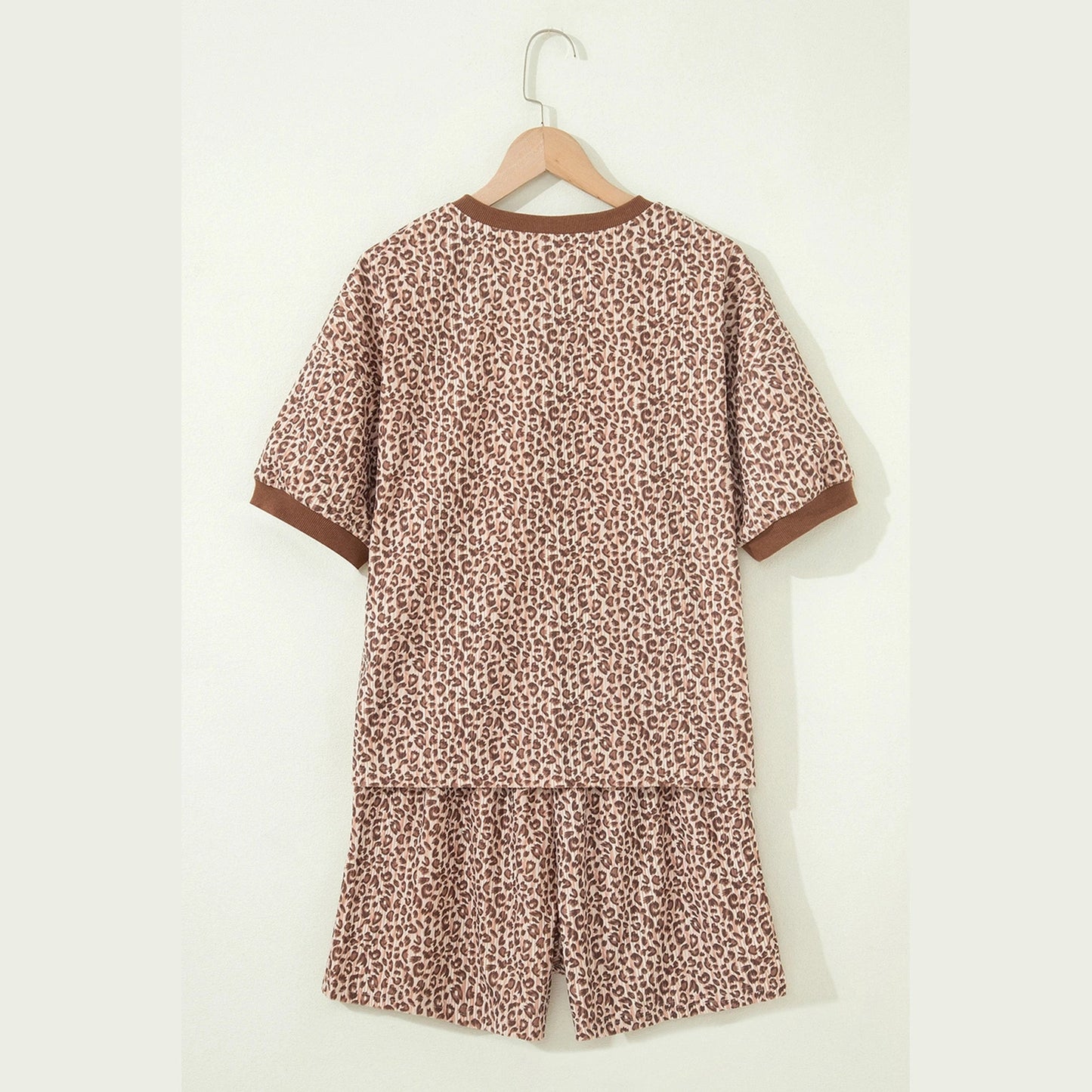 Courtlyn Brown Leopard Print Ribbed Patchwork Half Button Loose Tee Elastic Waist Short 2pcs Set