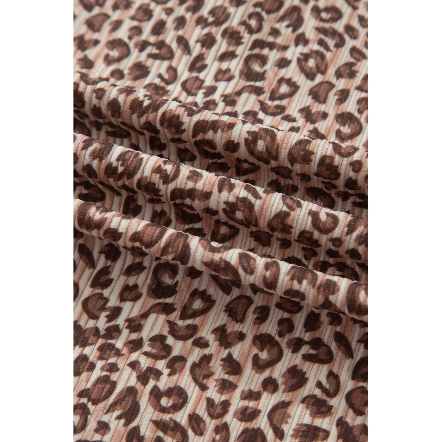 Courtlyn Brown Leopard Print Ribbed Patchwork Half Button Loose Tee Elastic Waist Short 2pcs Set