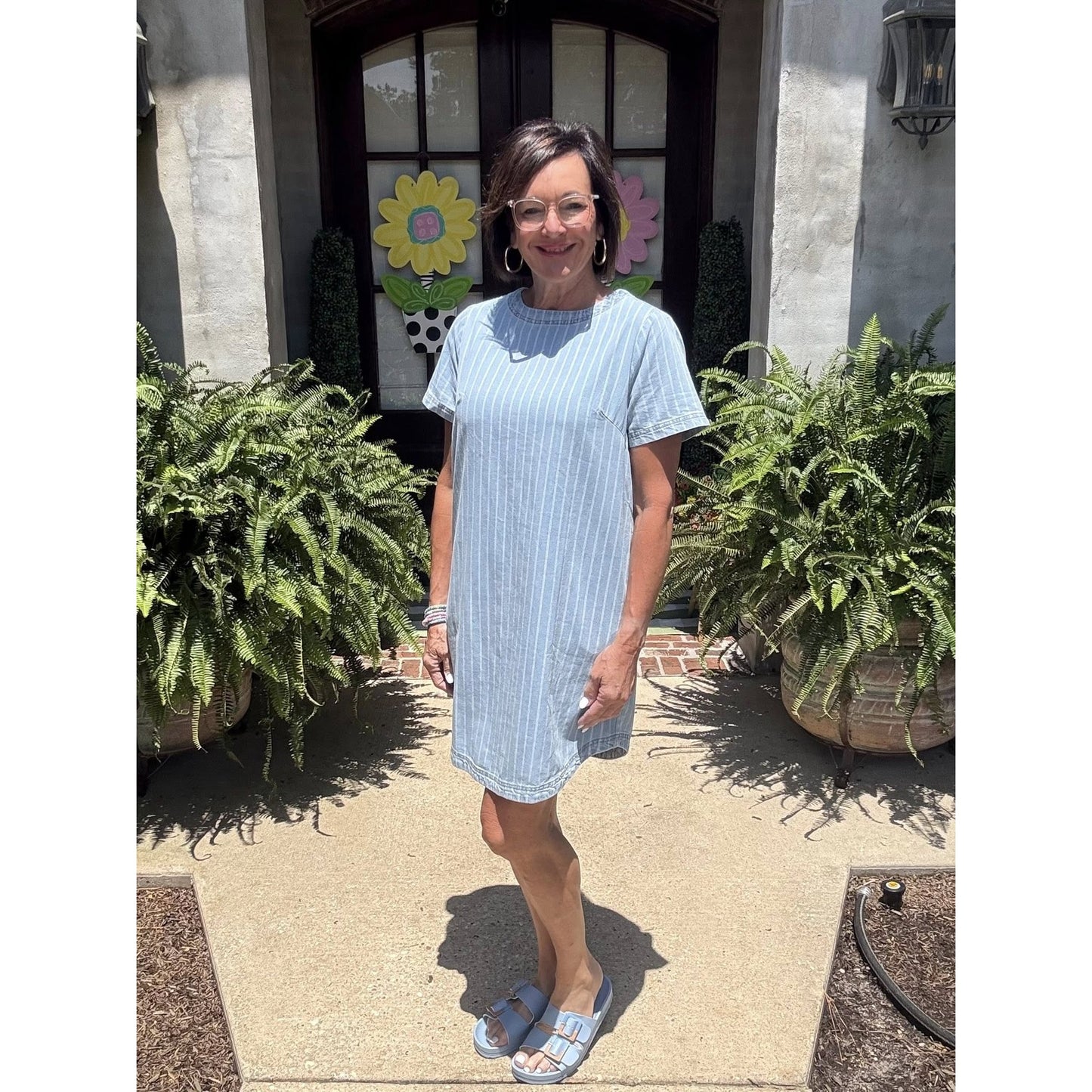 Courtnie Sky Blue Stripe Buttoned Back T-Shirt Denim Mini Dress