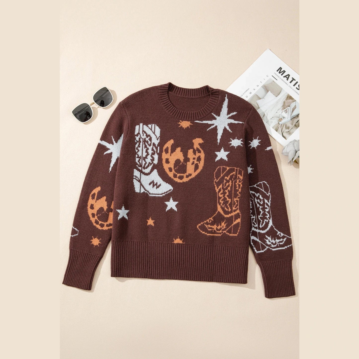 Brown Cowgirl Fashion Print Casual Sweater