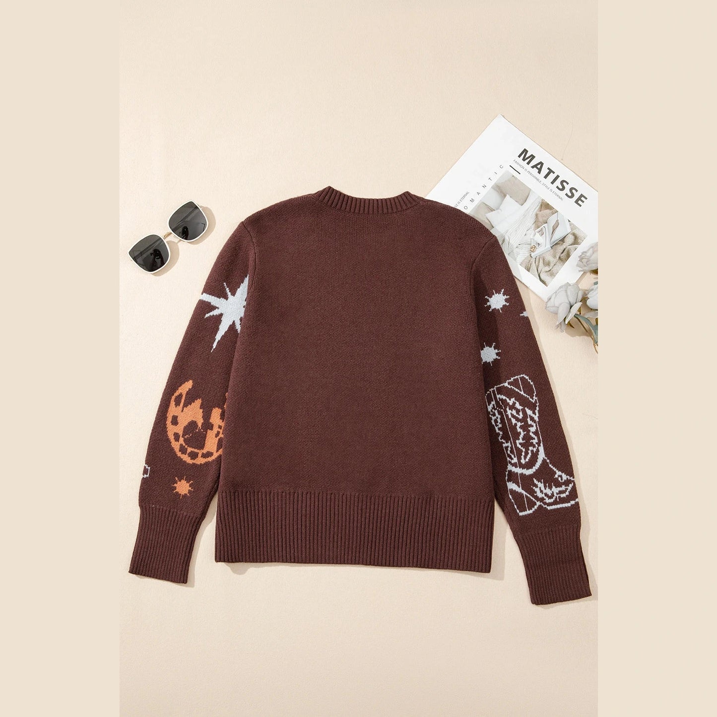 Brown Cowgirl Fashion Print Casual Sweater