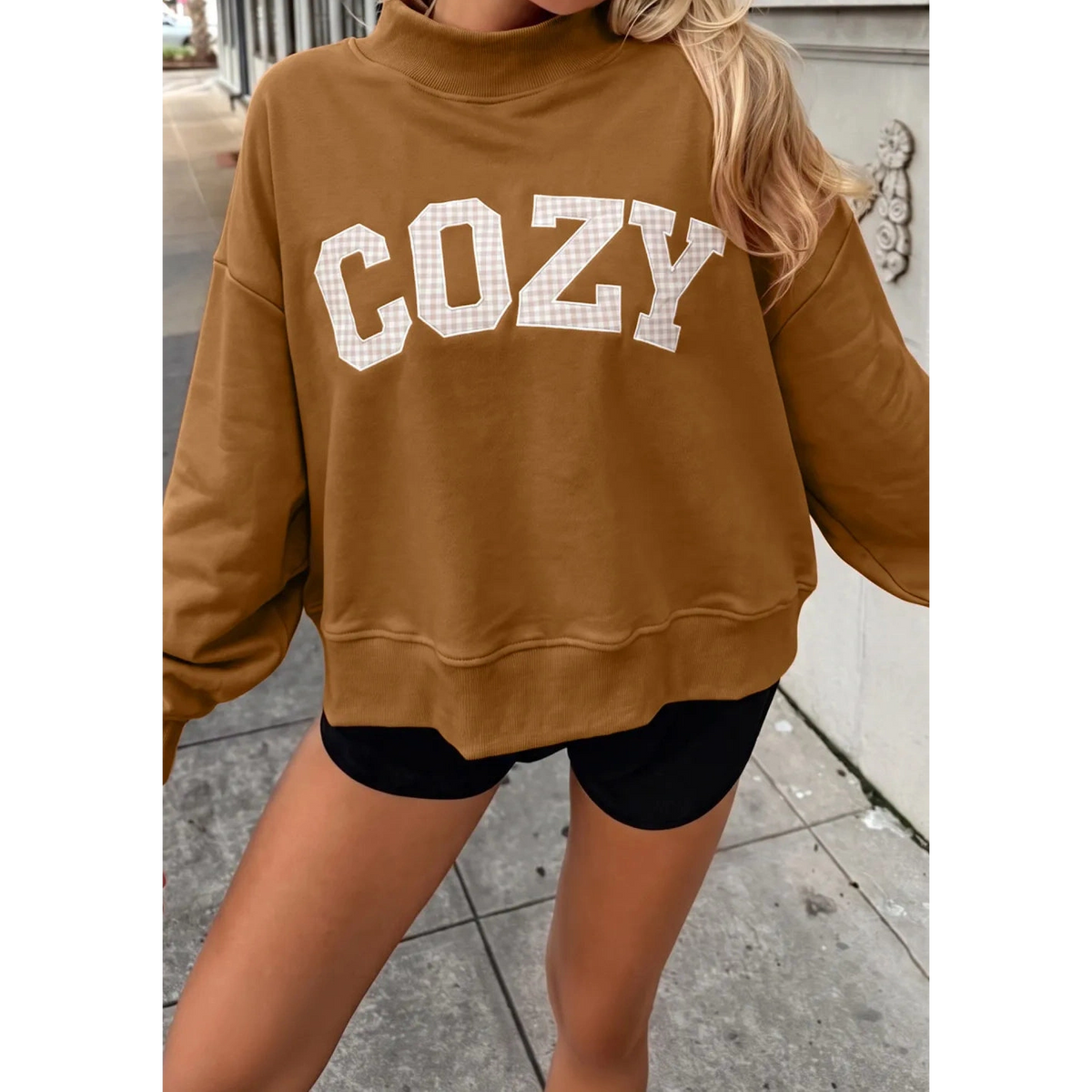 Chestnut COZY Embroidered Long Sleeve Stand Neck Shift Pullover Sweatshirt