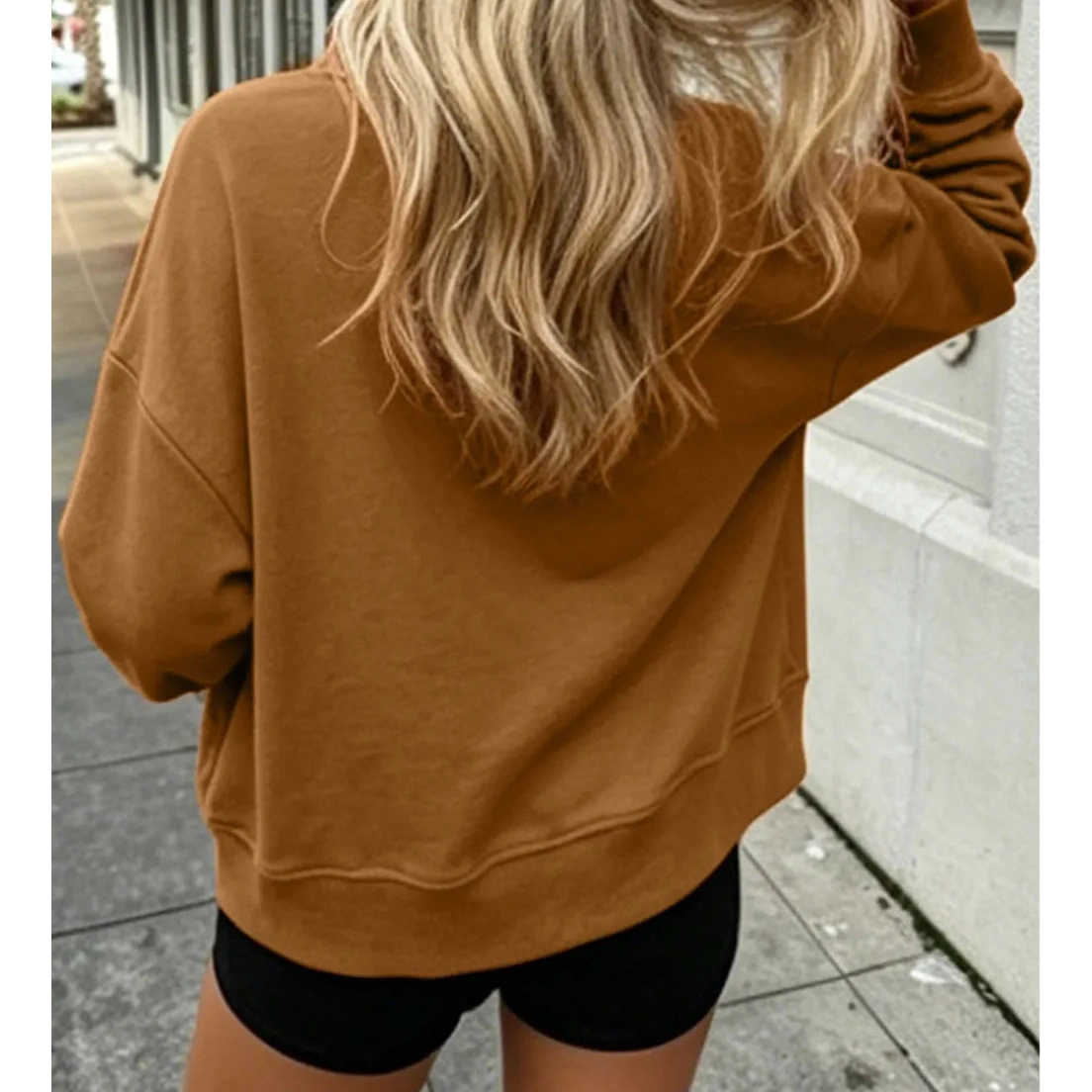 Chestnut COZY Embroidered Long Sleeve Stand Neck Shift Pullover Sweatshirt
