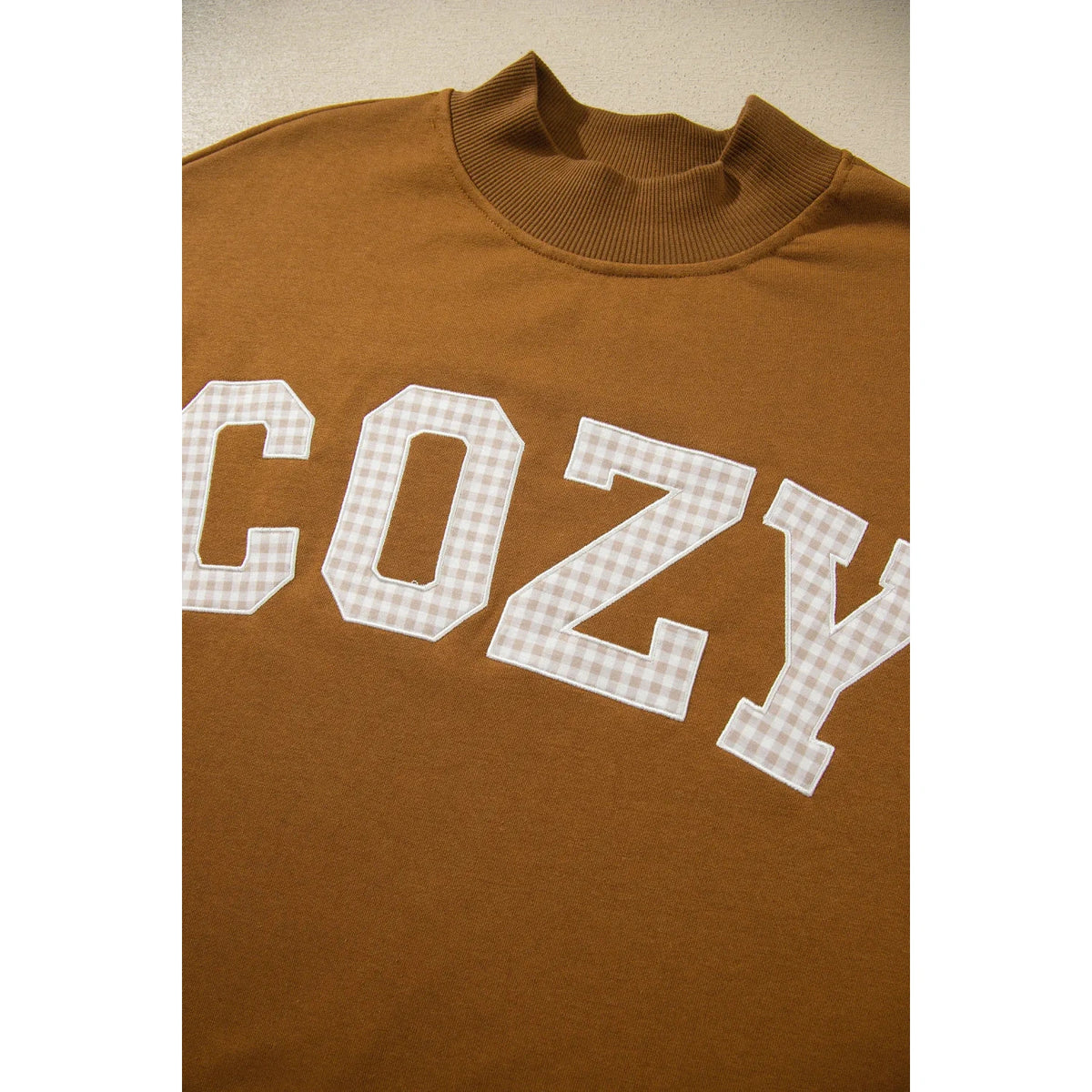 Chestnut COZY Embroidered Long Sleeve Stand Neck Shift Pullover Sweatshirt