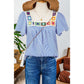 Cristina Sky Blue Stripe Textured Ruffle Short Sleeve Boho Detail Square Neck Blouse