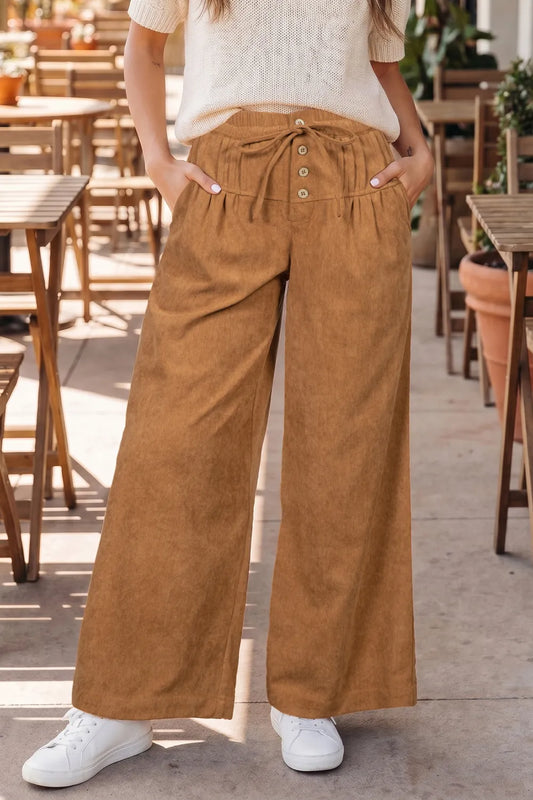 Cristin Elastic Waist Wooden Button Placket Ankle Length Wide Leg Pants