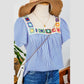 Cristina Sky Blue Stripe Textured Ruffle Short Sleeve Boho Detail Square Neck Blouse