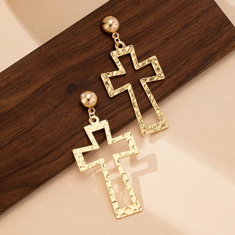 Golden Cross Hammered Drop Earrings