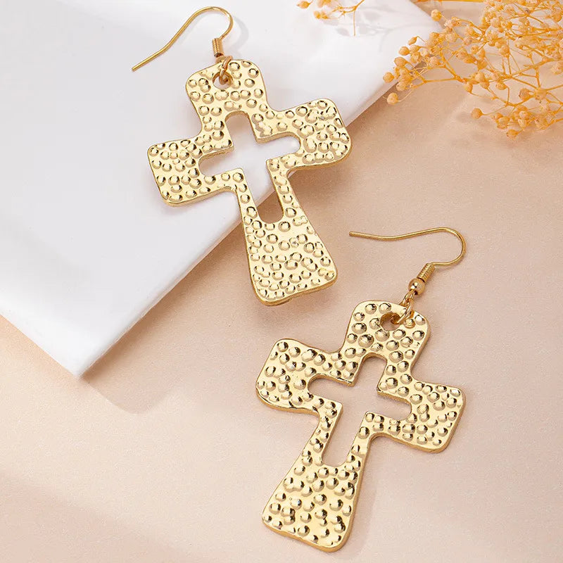 Golden Hammered Cross Statement Earrings Earrings