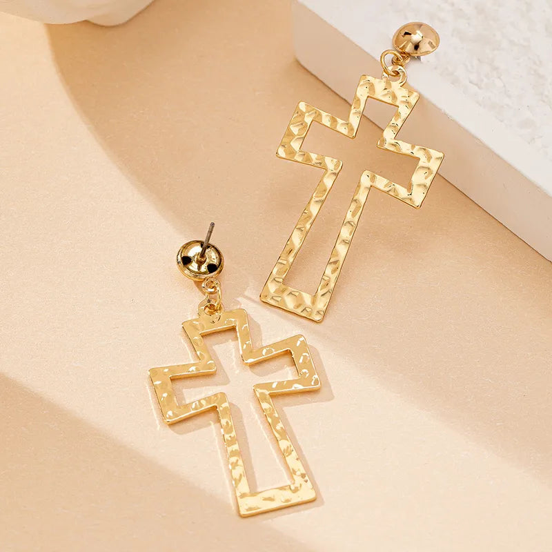 Golden Cross Hammered Drop Earrings