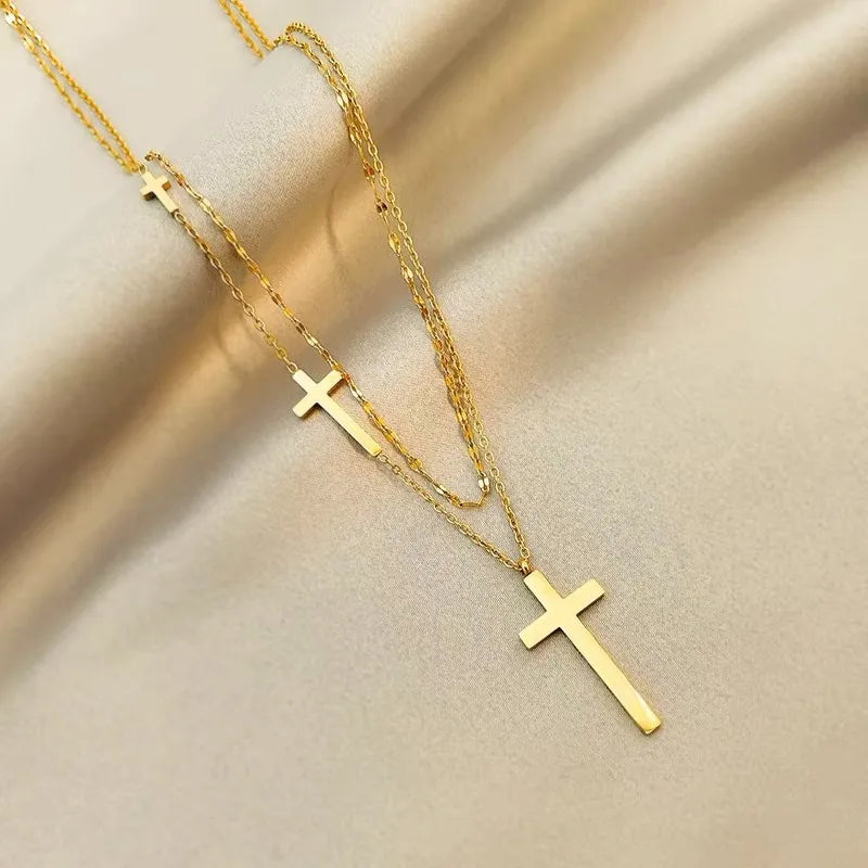 Golden Double Layer Cross Necklace