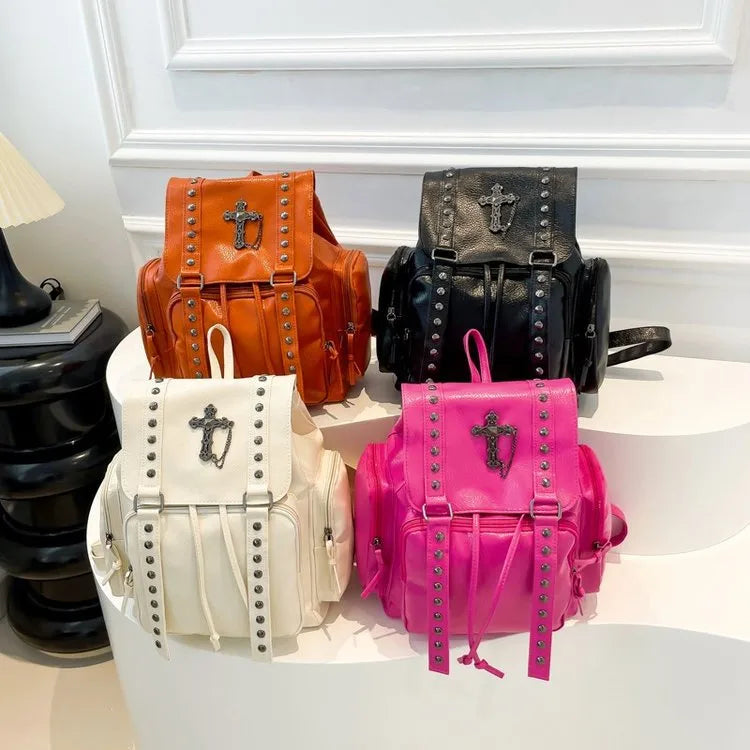 PU Leather Rivet Cross Backpack - 4 Colors